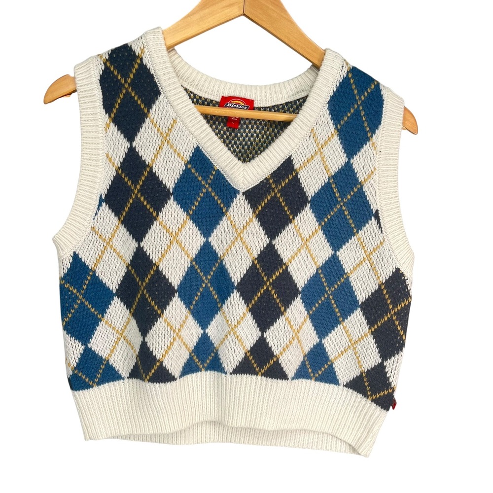 Dickies Juniors Argyle Sweater Vest Blue White Yellow Preppy Knit Pullover Large